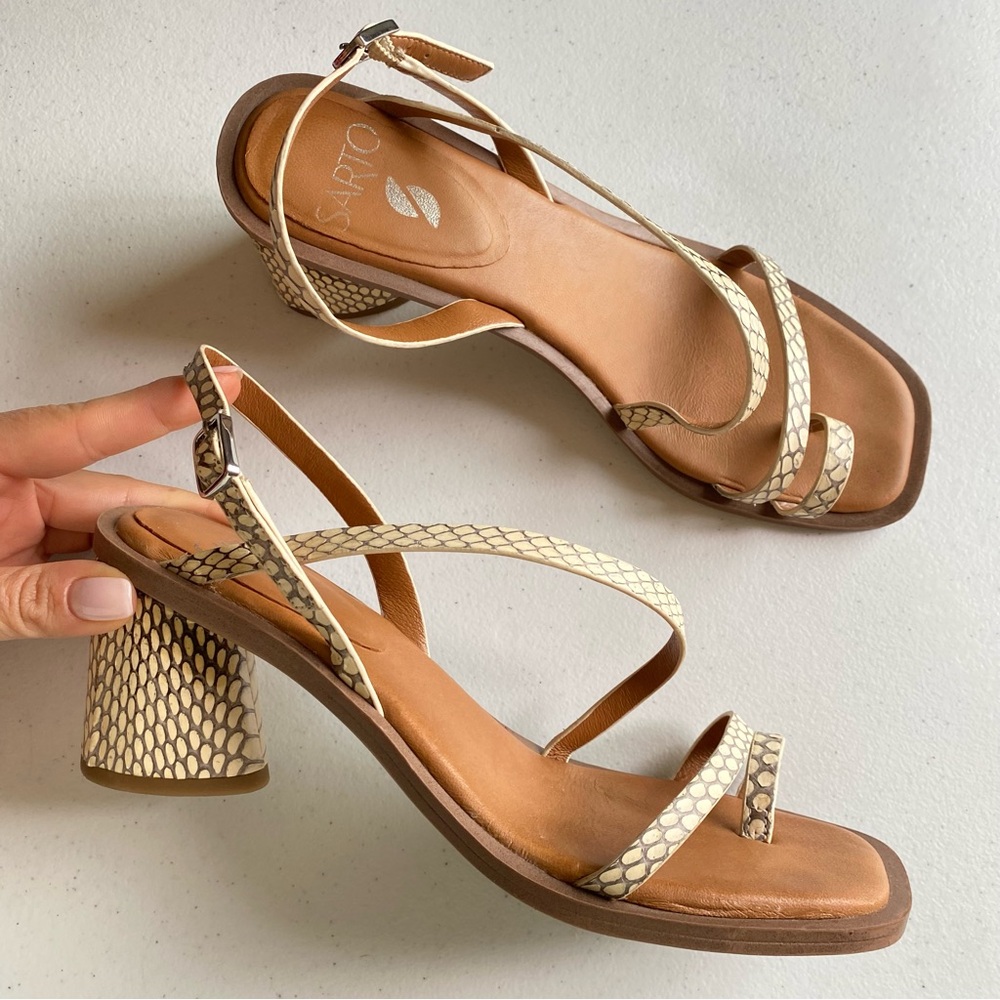 Franco Sarto Cream Snake-Print Strappy Mid Block Heel Sandals
